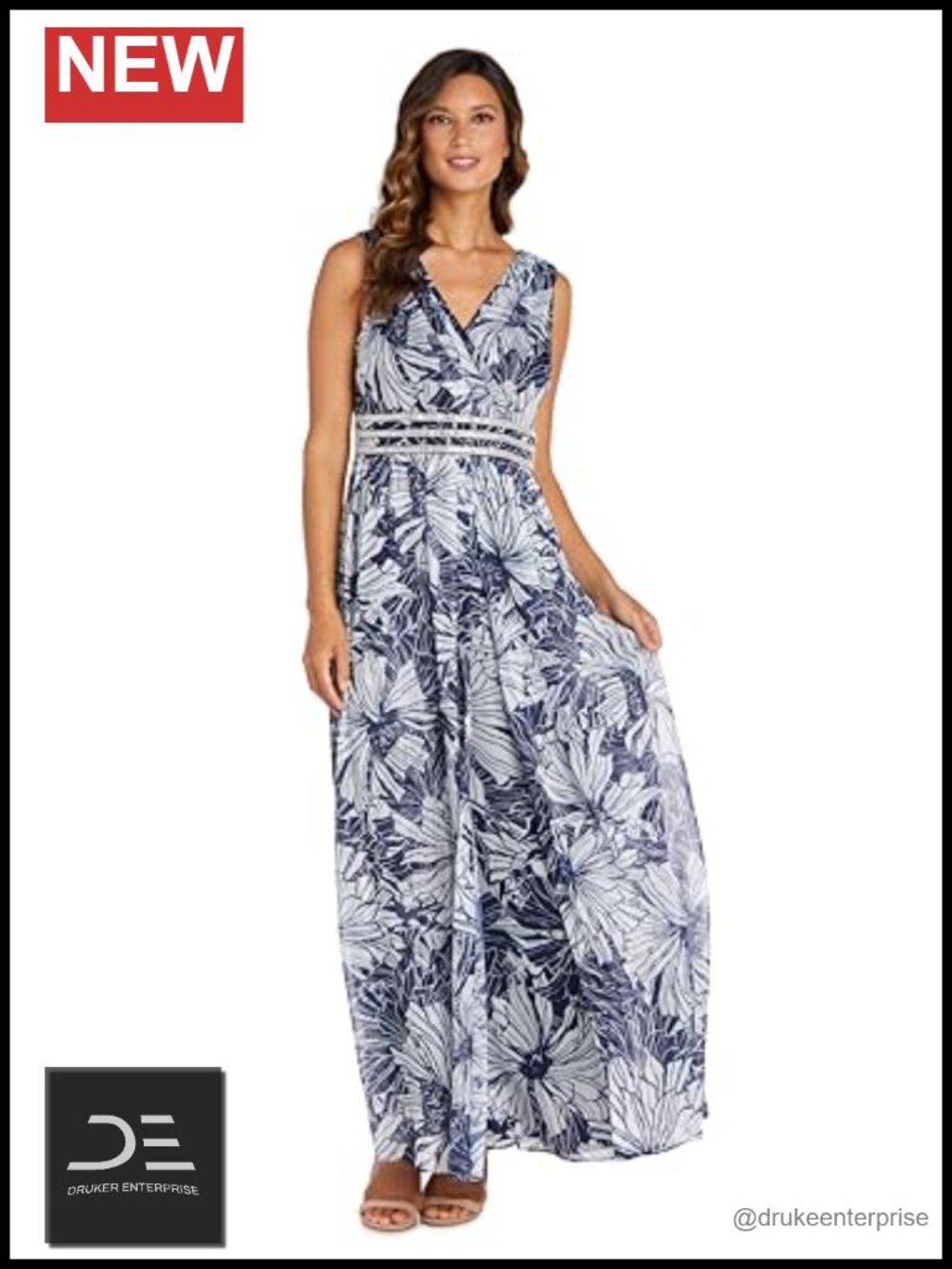 Floral Chiffon Maxi Dress Rhinestone Waistband
